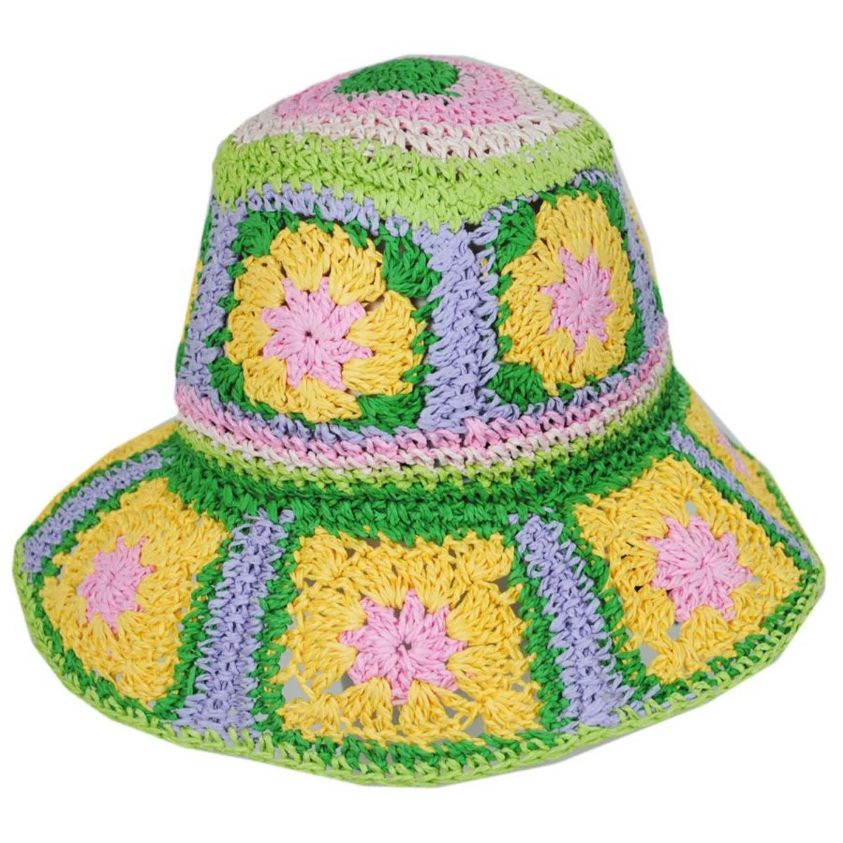 Fergie Granny Square Hand Crochet Toyo Straw Bucket Hat - Image 13